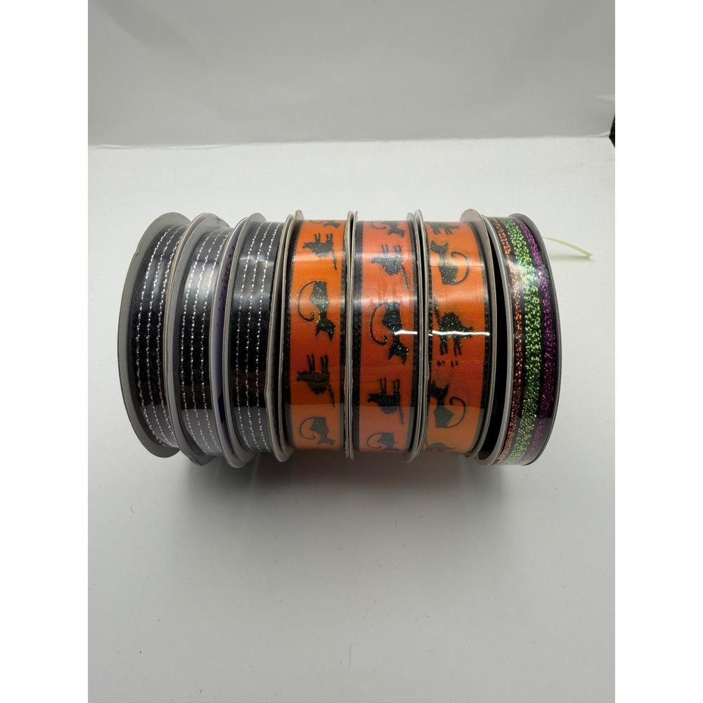 Halloween Ribbon Lot 7 Spools Black Glitter Cats Silver Stitched Multi Stripe